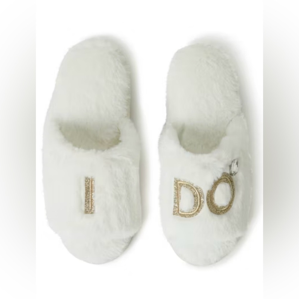 dearfoams White Faux Fur 'I Do' Slippers with Gold Embroidery & bling